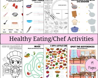 Puede incluir: Un conjunto de páginas de actividades infantiles centradas en la alimentación saludable y temas de cocina. Las páginas incluyen tareas como etiquetar herramientas, juegos de emparejamiento, laberintos y páginas para colorear. El título "Healthy Eating/Chef Activities" es visible.