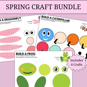 Pode incluir: Um pacote de artesanato de primavera com instruções para construir uma libélula, uma lagarta e um sapo. O kit inclui peças recortadas e exemplos dos trabalhos manuais finalizados. O texto "Includes 6 Crafts" também é visível.