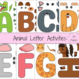 印刷可能な動物アルファベットクラフト | A-Z文字の動物 | 楽しい子供向け学習アクティビティ | 幼稚園・保育園向けアルファベットクラフト | PDF