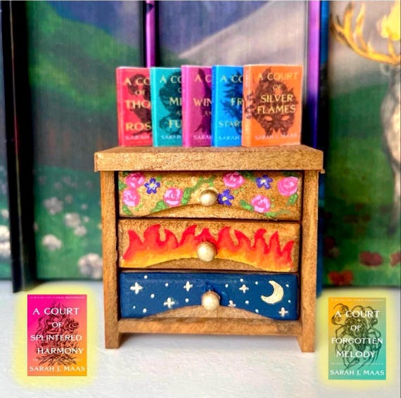 ACOTAR Inspired hand painted Dresser with Mini books - Now Featuring - A Court of Splintered Harmony & A Court of Forgotten Melody