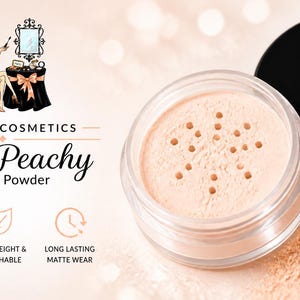 以下が含まれることがあります： 黒い蓋が付いた、Just Peachyマットパウダーの透明な瓶。瓶は開いており、小さな穴のあるピーチ色のパウダーが見えます。「MATTIFY COSMETICS」と「Just Peachy Matte Powder」のテキストが含まれています。