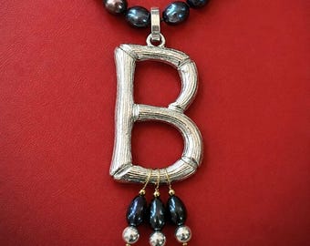 Anne Boleyn Necklace: silver, black pearls, Peacock Cultured Pearls, Initial Necklace, Tudor Historical Jewelry, Handmade, Gift, Medieval