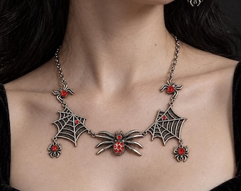 Gothic Spider Necklace and Earrings, blood, Vampire, Halloween, Red, Silver Spiderweb, Goth, Handmade Halloween, Witchy, Gift for her, black