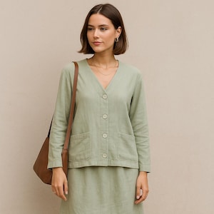 Vintage 90's Basic Threads Women's Sage Green Skirt Set / Cotton & Linen / Minimalist Vintage