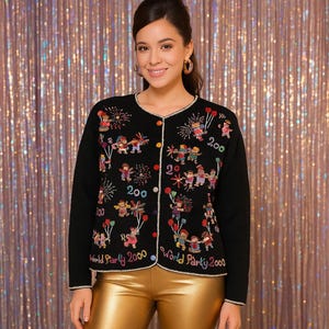 Vintage Heirloom Collectibles Damen Strickjacke / Größe L / Y2K NYE Millenium Party Pullover / Silvester Neuheit Pullover