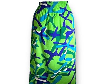 Vintage 1960&#39;s Women&#39;s Maxi Skirt / Size Medium Large /  The Bermuda Shop Mid Century Modern Atomic Green & Blue Print Skirt