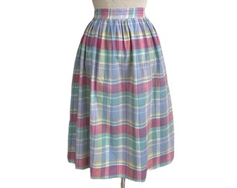 Vintage Women’s Plaid Midi Skirt / 80's Preppy India Cotton High Waist Skirt