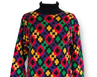 Vintage 90’s Women’s Tunic Sweater / Size Small / Rafaella Colorful Pixelated Floral Sweater