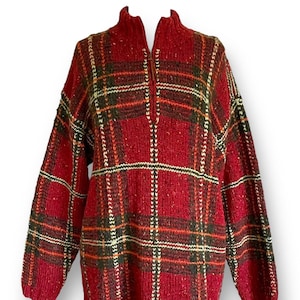 LAUREN de Ralph Lauren Vintage suéter de mujer / tamaño grande / rojo tejido a mano lana tweed suéter a cuadros