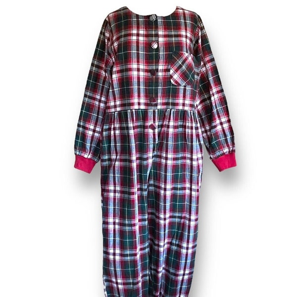 Vintage 90's Ashley Taylor Country Women's Flannel Pajama Romper / Size Large / Red Plaid Cabincore PJ's