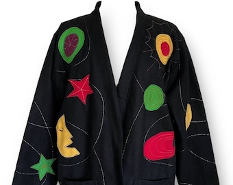 Vintage 90's Yak Magik Women's Jacket / Size Medium / Black Wool Sun, Moon & Stars Art To Wear Coat
