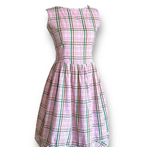 Vintage 1950&#39;s Women&#39;s Pink Plaid Dress / Size Small /  Gassmann Switzerland / Bow Detail / Bobby Soxer Dress