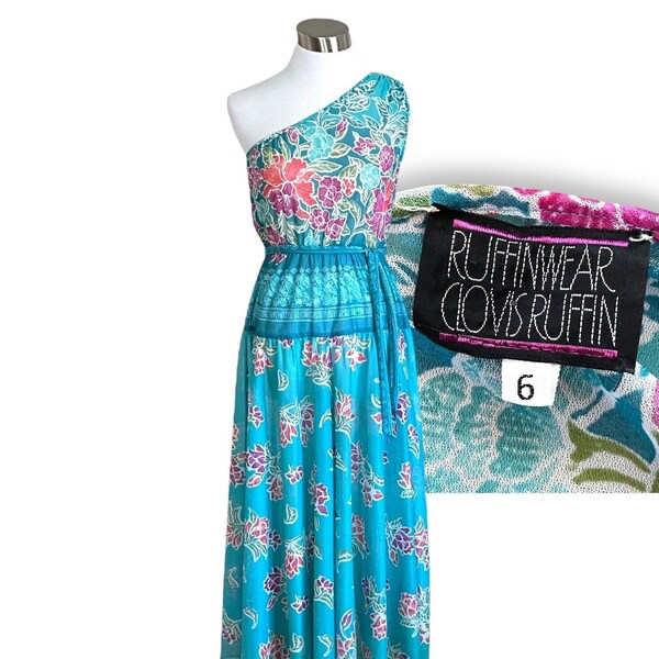 Clovis Ruffin Ruffinwear Women’s Vintage 1970’s Teal Floral Midi Dress / Boho One Shoulder Sundress