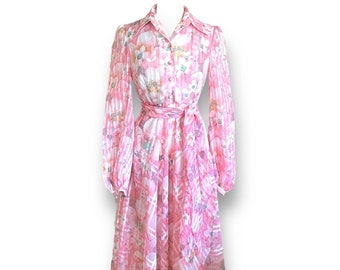 Vintage 1970's Don Luis de Espana Women's Pink Floral Maxi Dress / Vintage Hostess Gown