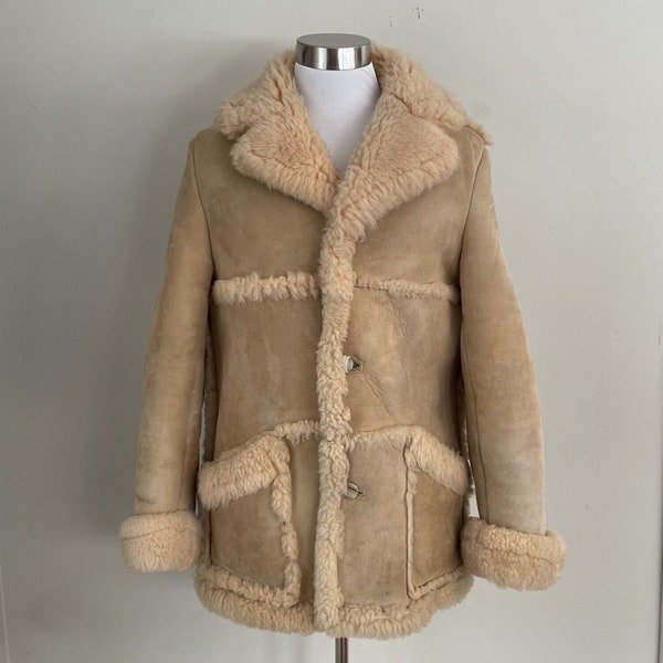 Vintage 1970's Men's Shearling Jacket / Size Large X-Large / Tan Leather &  Sheepskin Wool Rancher Coat