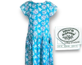 Laura Ashley Vintage 1980's Blue Floral Market Dress / Size 10 / Drop Waist Midi Dress