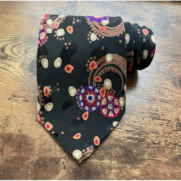 Vintage 90’s Serica Elite Silk Tie / Black Jacquard Colorful Floral Necktie / Made in Italy / Vintage Menswear