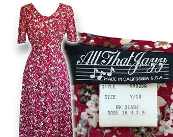 Vintage 90er Jahre All That Jazz Kleid / Größe 10 Medium / Cranberry Red Floral Maxi Kleid / 90er Oma Grunge Kleid