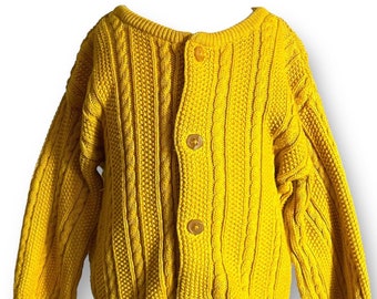 Vintage Hanna Andersson Cardigan / Size 70 6 to 12 Months /  Mustard Yellow Cotton Cable Knit Sweater / Gender Neutral Baby Clothes