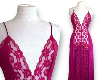 Vintage 1970's Val Mode Nightgown / Size Large / Cranberry Red Lace & Nylon Plunge Gown / Vintage Lingerie / Made in the USA