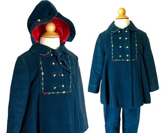 Vintage 1950's Kute Kiddies Little Girls Blue Velvet Winter Dress Jacket, Overall Pant & Bonnet / 3 Piece Set / Vintage Children's Clothing