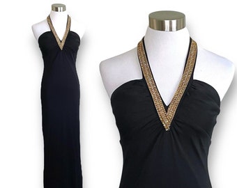 Y2K Vintage Prom Gown / Size P Petite / Black Rhinestone Halter Maxi Dress