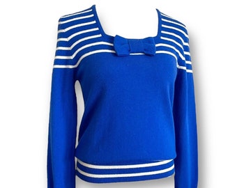 Vintage 1980’s Women’s Blue Bow Kawaii Sweater / Nautical Sailor Stripe Puff Sleeve Wool & Angora Knit Top