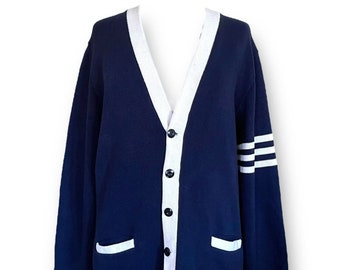Vintage 1980's suéter de porristas para mujer / Scholastic azul marino y blanco Varsity Cardigan