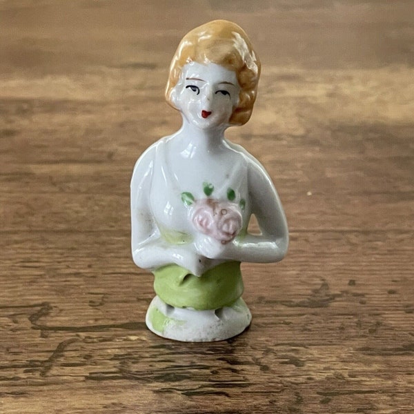 Vintage Porcelain Half Doll Pin Cushion Handle / Gatsby Flapper Girl / Made in Japan