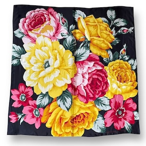 Vintage Adrienne Vittadini Silk Scarf / Black Botanical Floral Oversized Square Scarf