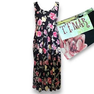 Vintage 90’s T.T. Mar Women’s Dress / Size Medium / Black Floral Rayon Sundress /  Grunge Granny Midi Dress