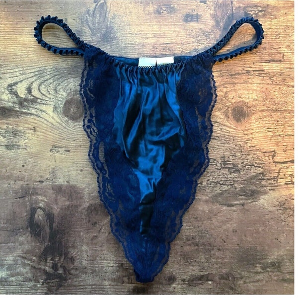 Vintage 1980's Victoria's Secret Thong / Women's Size Medium Large / Navy Blue Silk & Lace Panty / Deadstock Vintage Lingerie