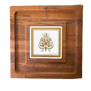 Georges Briard Vintage Woodland Peace Doves Tile & Teak Wood Cheese Serving Board / Charcuterie Board