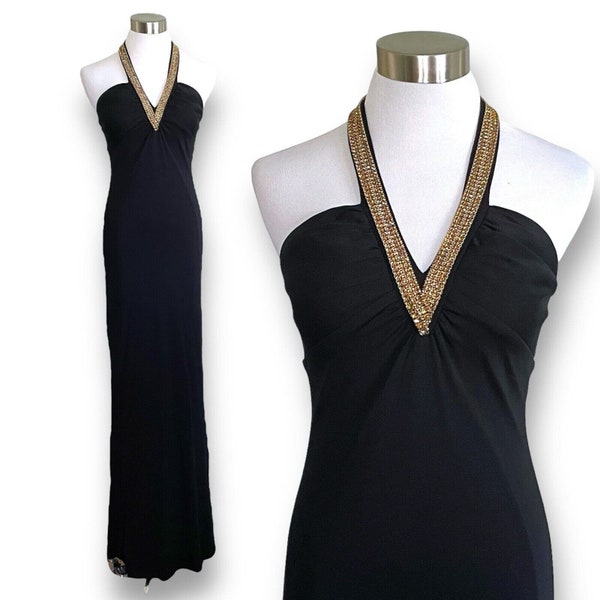 Y2K Vintage Prom Gown / Size P Petite / Black Rhinestone Halter Maxi Dress