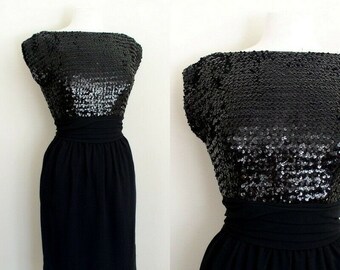 Vintage 1950s Suzy Perette Womens Wiggle Dress Black Sequin LBD Cocktail Madmen