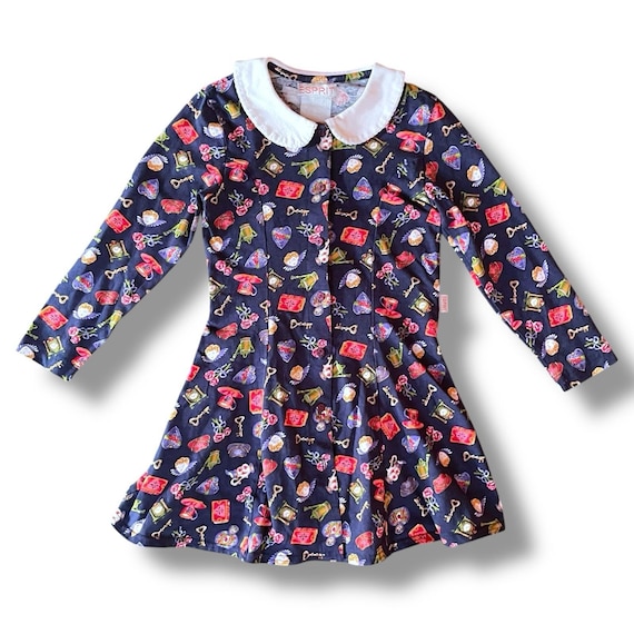 Vintage 90's Esprit Girl's Dress / Size Large / Navy Blue Victorian Print  Fit & Flare Skater Style Tunic Dress