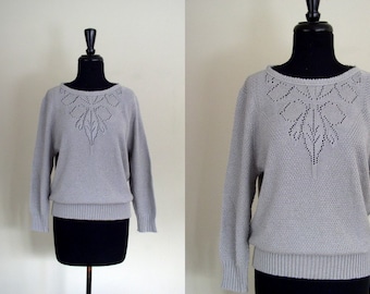 Vintage 1980's Dove Gray Pointelle Sweater / 80's Cuddle Knit Pale Grey Knit Pullover