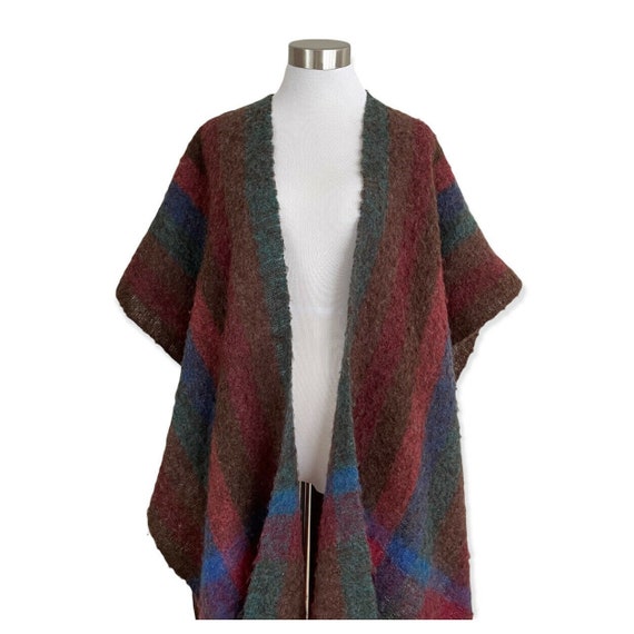 Vintage Ruana Wrap / 1980's Bohemian Plaid Woven Wool… - Gem