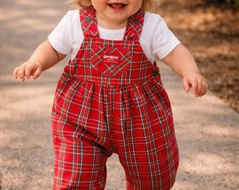 Vintage OshKosh B'Gosh Girls Overalls / Size 12 Month / Red Plaid Bow Back Bubble Overalls / Christmas Outfit / Holiday Pictures