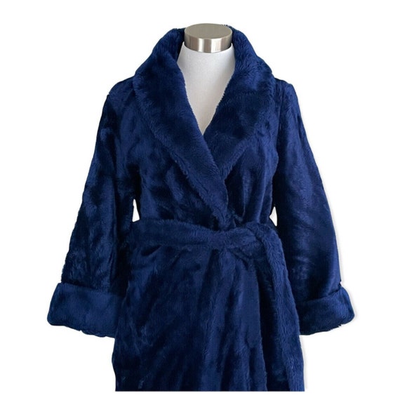 Vintage Navy Blue Faux Fur Robe / Fuzzy Plush Bel… - image 1
