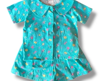 Vintage 90's McKids Girl's Shorts Set / Size 2T / Blue Floral Peter Pan Collar Shirt & Matching Shorts / 90's Kids Clothes