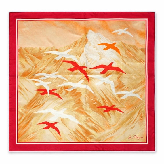 Vintage Francois de Reix Silk Scarf / La Plagne French Alps Mountain & Birds Design / Square Scarf