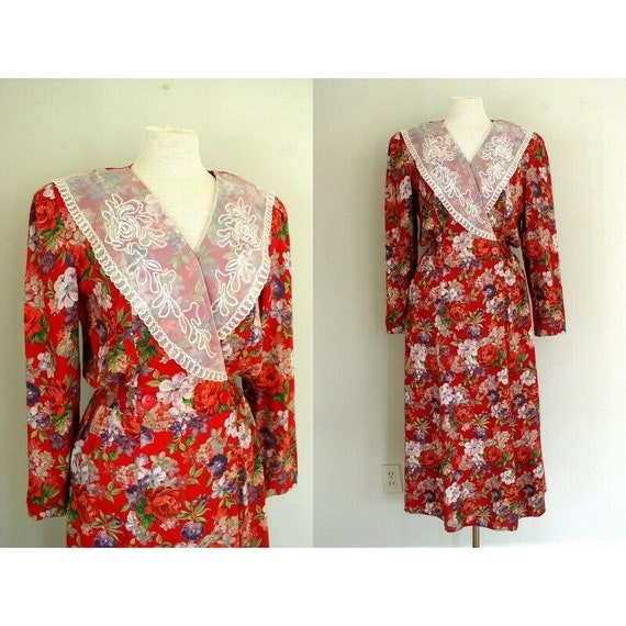 Vintage 90's Cottagecore Dress / Chaus Red Rayon … - image 1