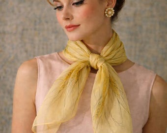 Vintage 1960's Vera Silk Chiffon Scarf / Fields of Gold / 60's Yellow Signed Hand Rolled Scarf