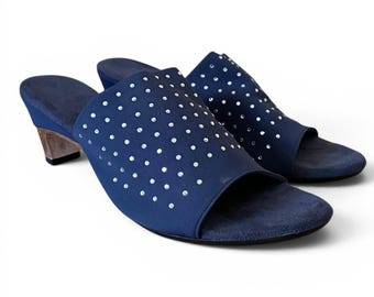 Vintage 1970's Women's Disco Heels / Size EU 37 or US 6.5 7 / Navy Blue Crystal Rhinestone Shoes / 70's Dancing Queen Sandals