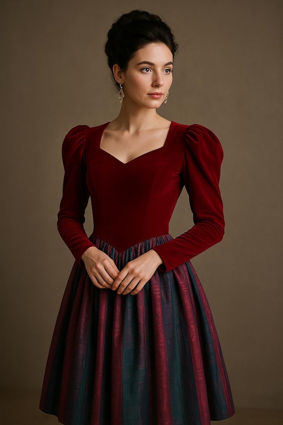 petite burgundy velvet dress Vintage 1980’s Nuit Women’s / Size 2 / Puff Sleeve Midi Dress / Victorian Revival Holiday Dress Color:Green Slate that tops a strapless Full Price Destination Wedding Mother Of The shoulder