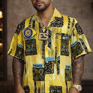 Vintage 90’s Streetwear Willie Esco Mens’s Shirt / Size XX-Large / Hawaiian Tribal Evil Eye Linen Shirt