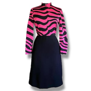 Vintage 1960&#39;s Women&#39;s Dress / Size Medium / Pink & Black High Neck Wool Dress / Groovy Mod Barbiecore