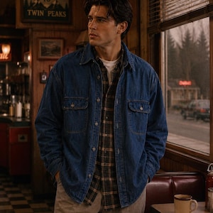 May include: A man wearing a blue denim jacket over a plaid shirt and tan pants. The image is set in a diner with a "Welcome to Twin Peaks" sign. A coffee mug sits on a table.