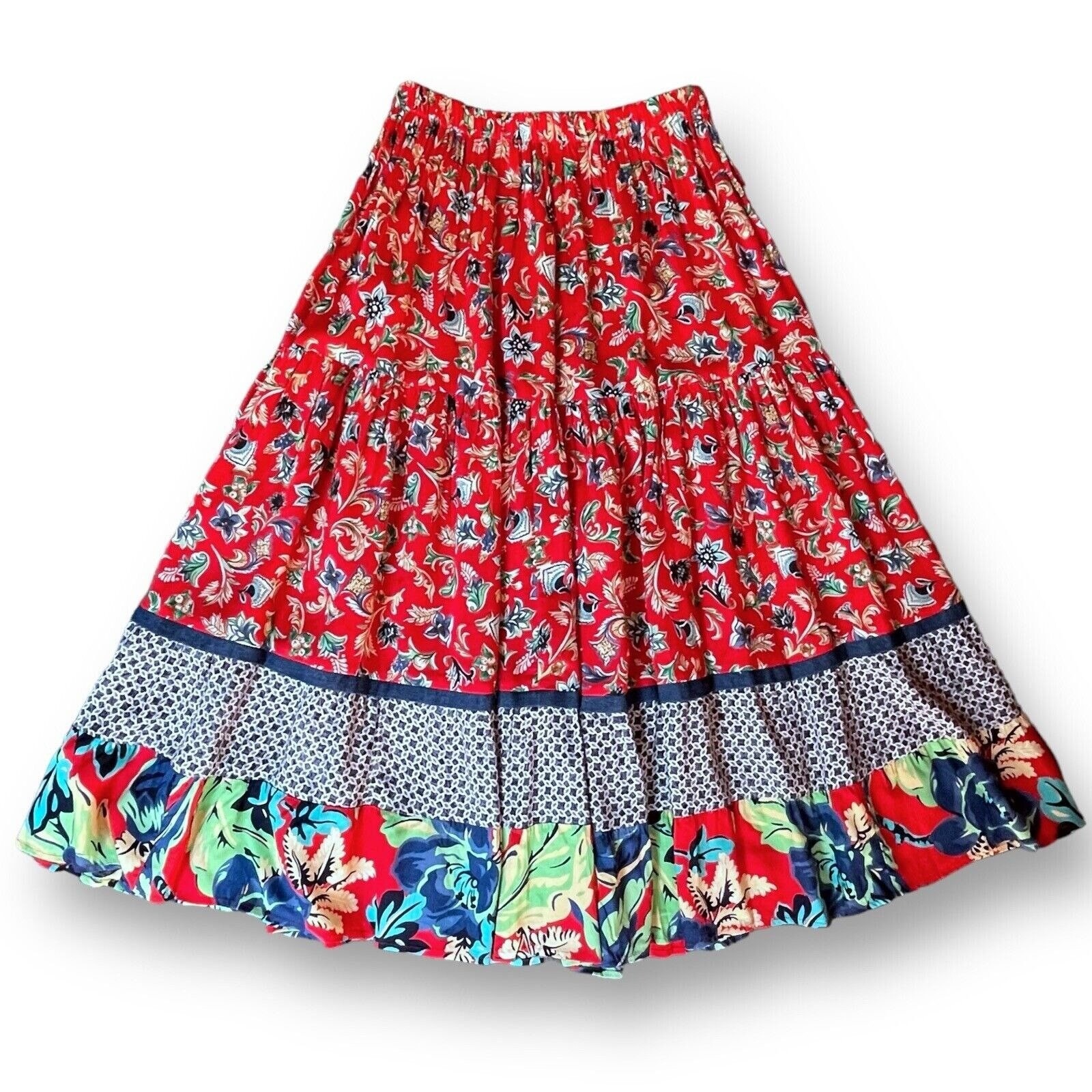 Vintage Lucia Lukken Broomskirts Women’s Midi Skirt / Size Small / Red Floral Tiered Cottagecore Broomstick Skirt